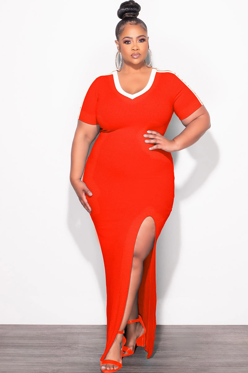 Stylish Look Final Sale Plus Size BodyCon Colorblock with Front Slit Tomato Red