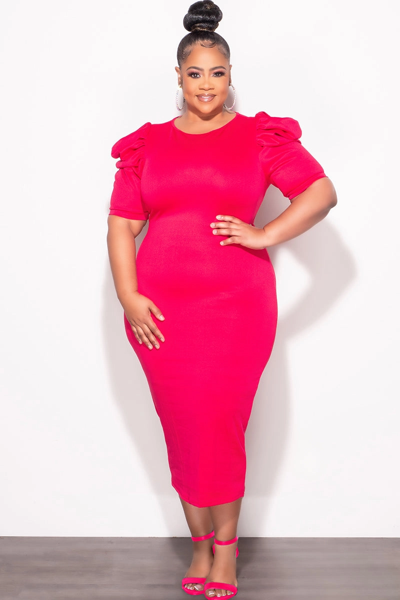 StretchFabric Final Sale Plus Size Bodycon Dress with Puffy Sleeves Fuchsia