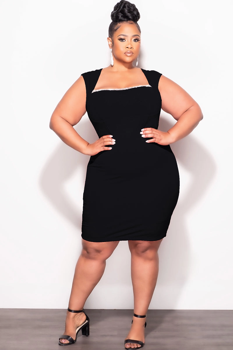 Performance Comfort Final Sale Plus Size BodyCon Dress with Rhinestone Lined Bust and Wide Strap Mini Dress In Black