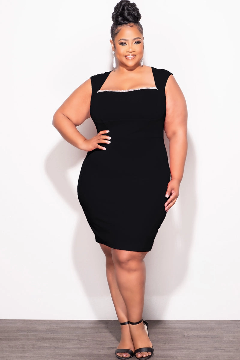 Final Sale Plus Size BodyCon Dress with Rhinestone Lined Bust and Wide Strap Mini Dress In Black Fashion Staple