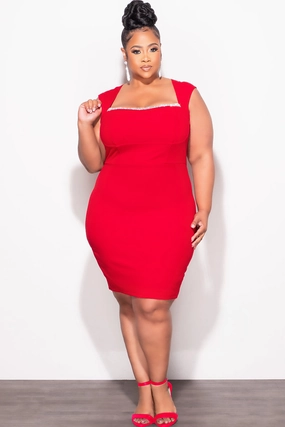 Core Movement Comfort Waist Final Sale Plus Size BodyCon Dress with Rhinestone Lined Bust and Wide Strap Mini Dress In Red