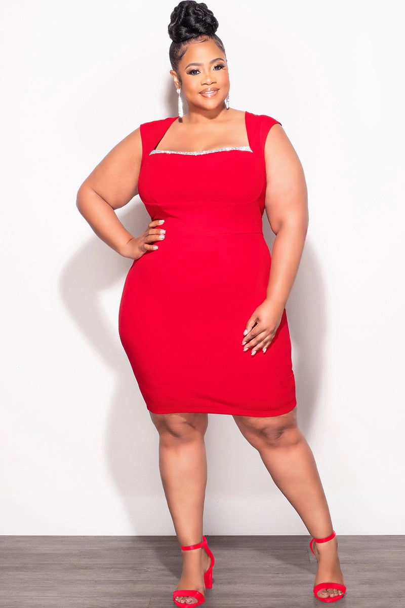 Tough Materials Final Sale Plus Size BodyCon Dress with Rhinestone Lined Bust and Wide Strap Mini Dress In Red