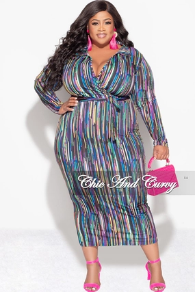 Final Sale Plus Size Bodycon Faux Wrap Dress in Multi-Color Print SoftCottonBlend