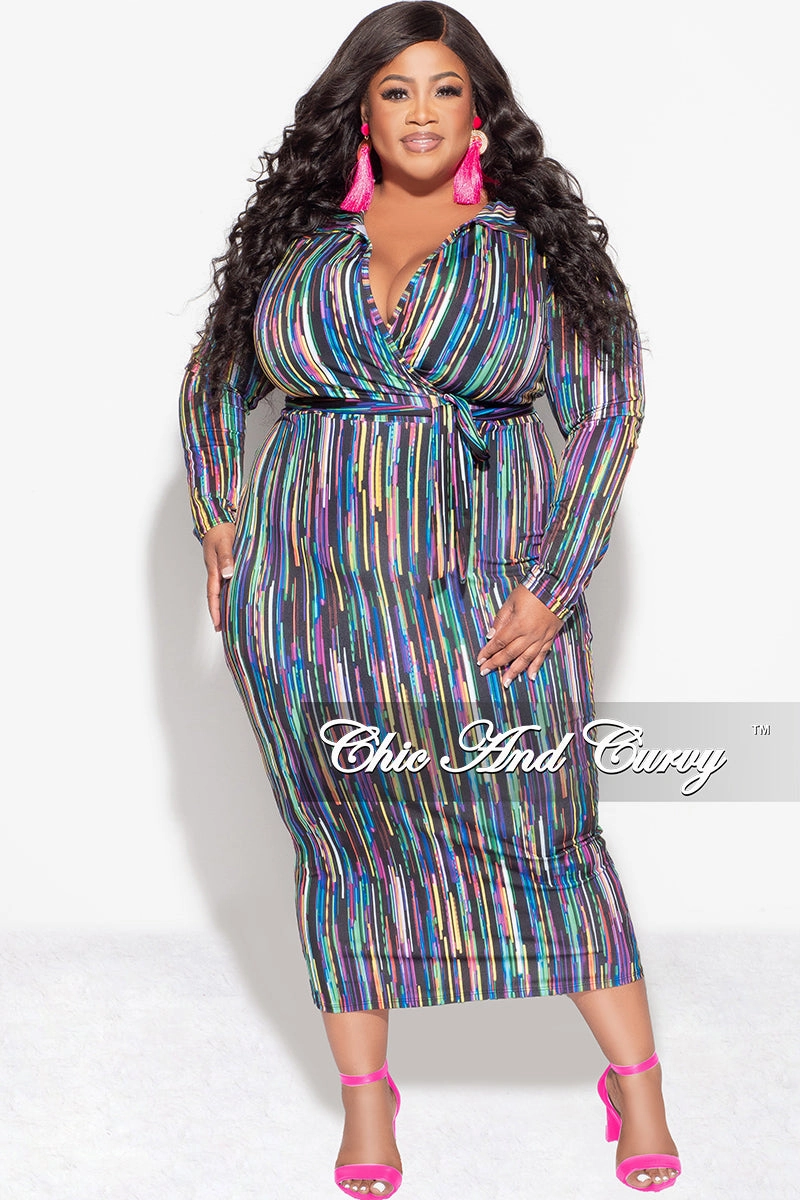 Final Sale Plus Size Bodycon Faux Wrap Dress in Multi-Color Print Comfortable Movement Flex Fit Design
