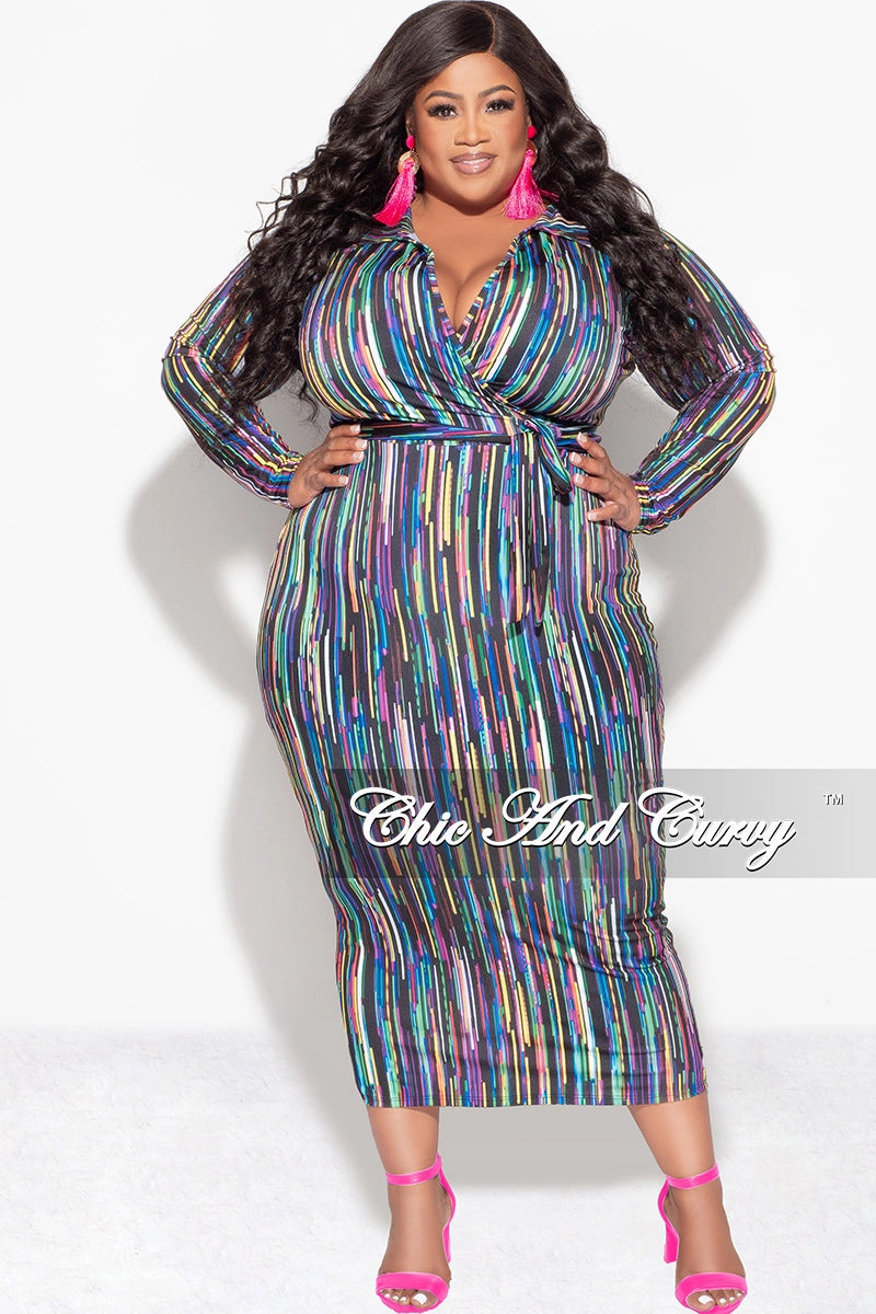 Effortless Comfort FunctionalZipper Final Sale Plus Size Bodycon Faux Wrap Dress in Multi-Color Print