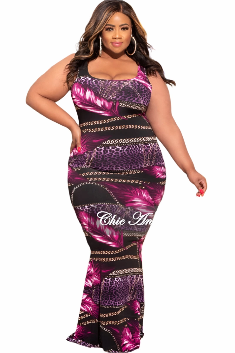Flexible Leg Final Sale Plus Size Bodycon Maxi Dress in Fuchsia Palm Print