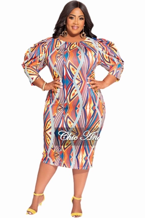 Final Sale Plus Size BodyCon Midi Dress with Puffy Sleeve in Multi-Color Design Print Modern Waist