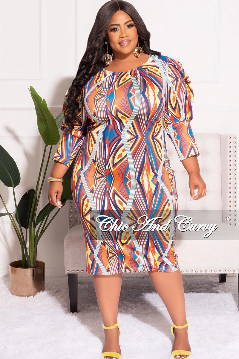 Perfect Length Final Sale Plus Size BodyCon Midi Dress with Puffy Sleeve in Multi-Color Design Print