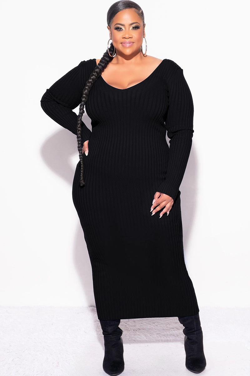 Final Sale Plus Size BodyCon Ribbed Knit Dress in Black Polished Look