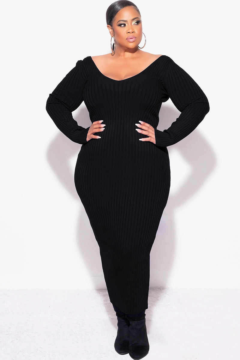 Final Sale Plus Size BodyCon Ribbed Knit Dress in Black Comfort Wearable