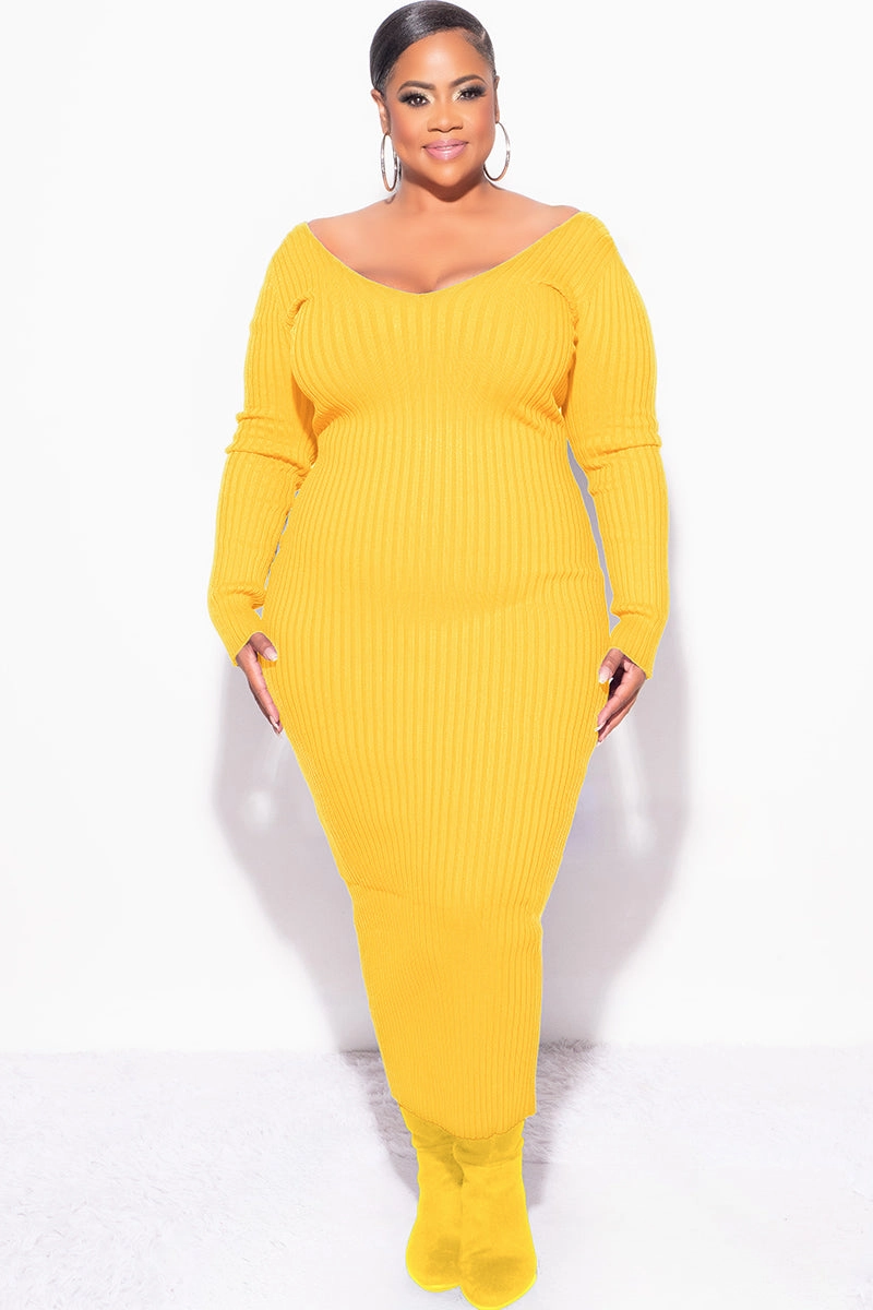 Final Sale Plus Size BodyCon Ribbed Knit Dress in Gold Yellow Flexible Ankle Cuffs Sport Performance
