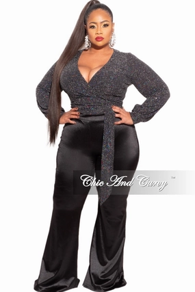 Moisture Wicking Fabric Final Sale Plus Size Bodysuit in Black Iridescent Faux Sequin & Silver Glitter