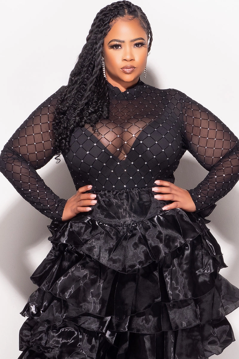 Final Sale Plus Size Bodysuit in Black with Diamond Pattern with Silver Bling Easy Travel