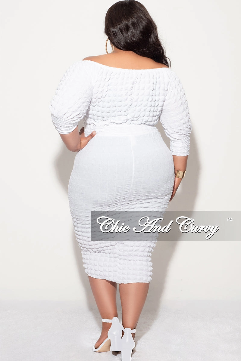 Final Sale Plus Size Bubble Texture 2pc Set Off the Shoulder Crop Top and High Waist Skirt in White QuickReleaseBuckle