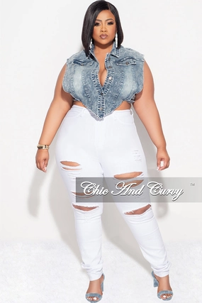 Soft Waistband Final Sale Plus Size Button Up Collar Crop Vest with Cutout Sides in Denim Acid Wash