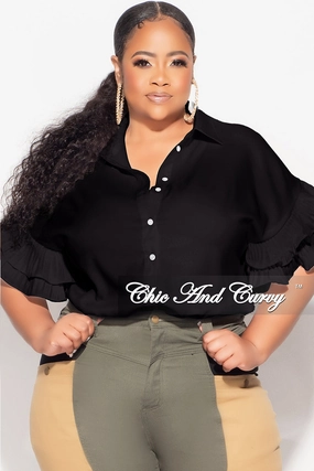 Final Sale Plus Size Button Up Collar Top with Pleated Ruffle Sleeves in Black Wrinkle Resistant Finish Barrel Waist
