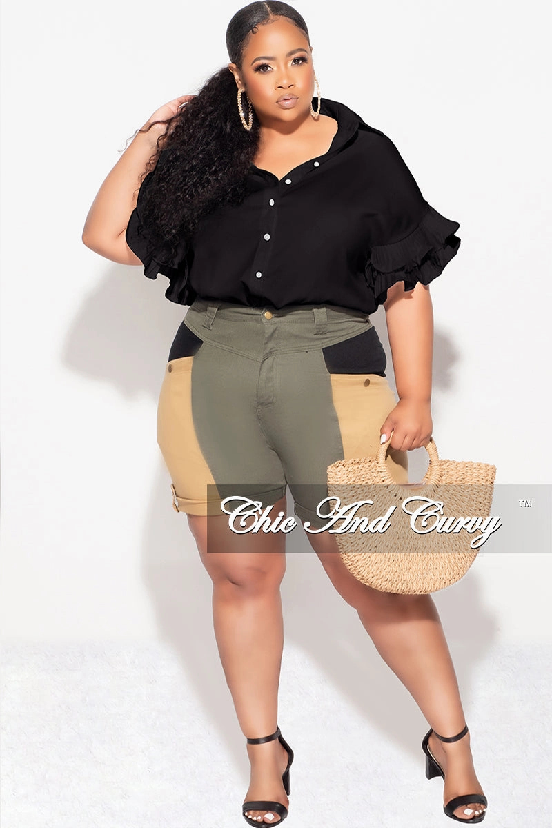 Premium Look FlameRetardantTreatment Final Sale Plus Size Button Up Collar Top with Pleated Ruffle Sleeves in Black