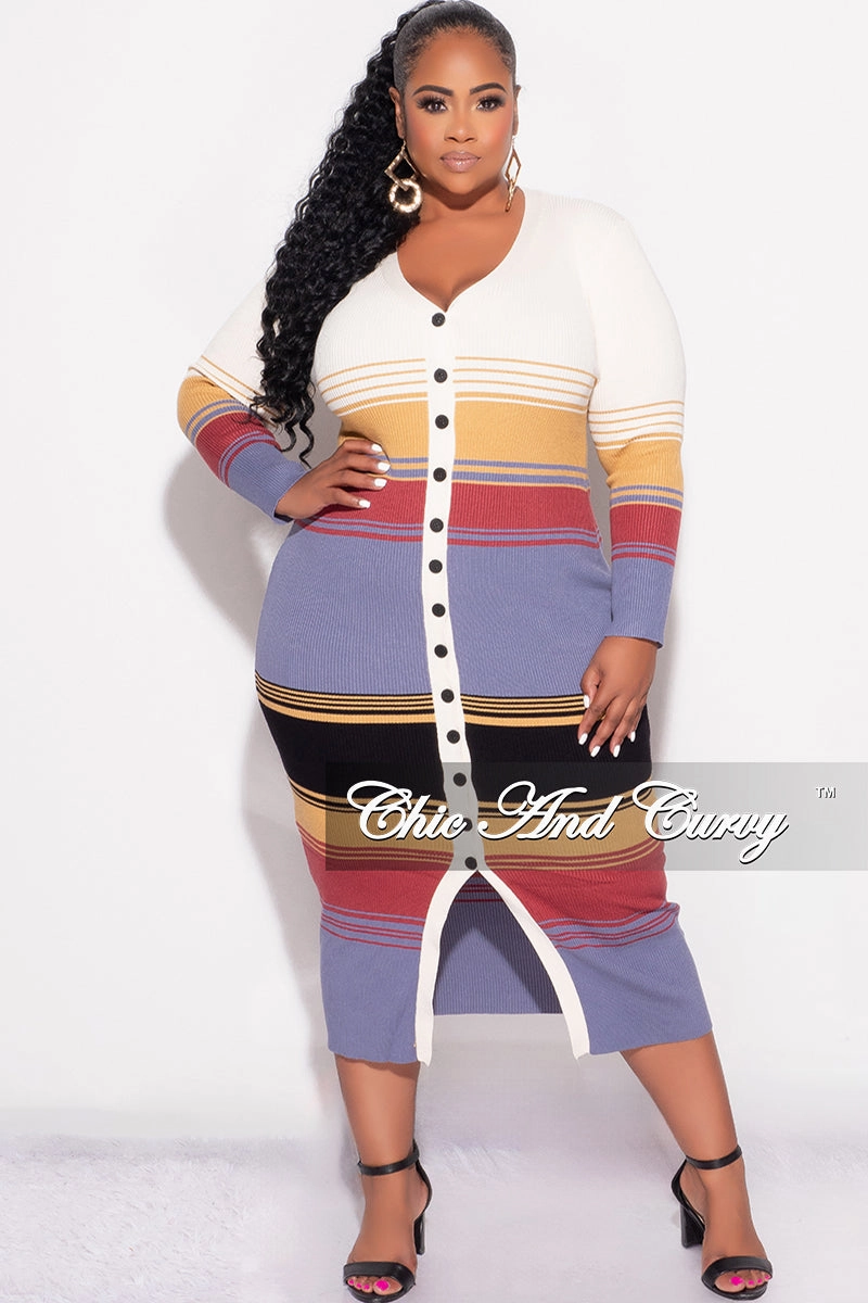 Adjustable Belt Loops Sport Ready Fit Final Sale Plus Size Button Up Midi Dress in Multi Color Stripe Print