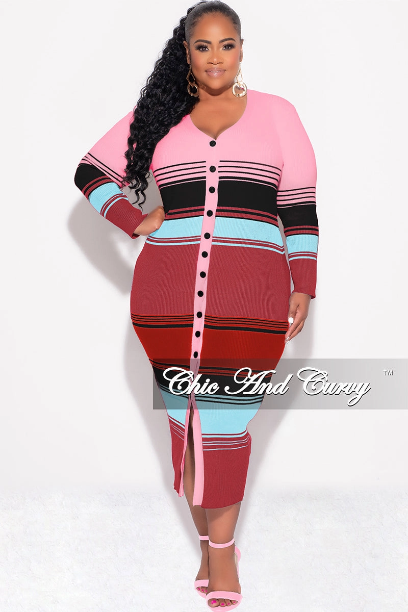Comfortable Layers Final Sale Plus Size Button Up Midi Dress in Pink Multi Color Stripe Print