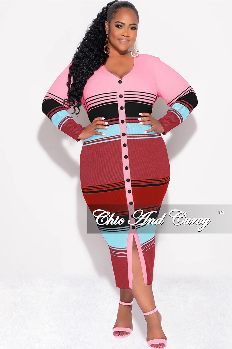 Final Sale Plus Size Button Up Midi Dress in Pink Multi Color Stripe Print AntiPillingFabric