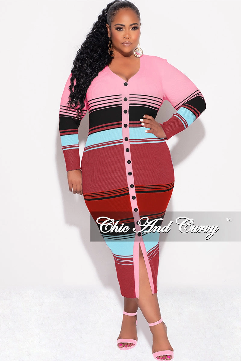 Final Sale Plus Size Button Up Midi Dress in Pink Multi Color Stripe Print Slim Wear Design