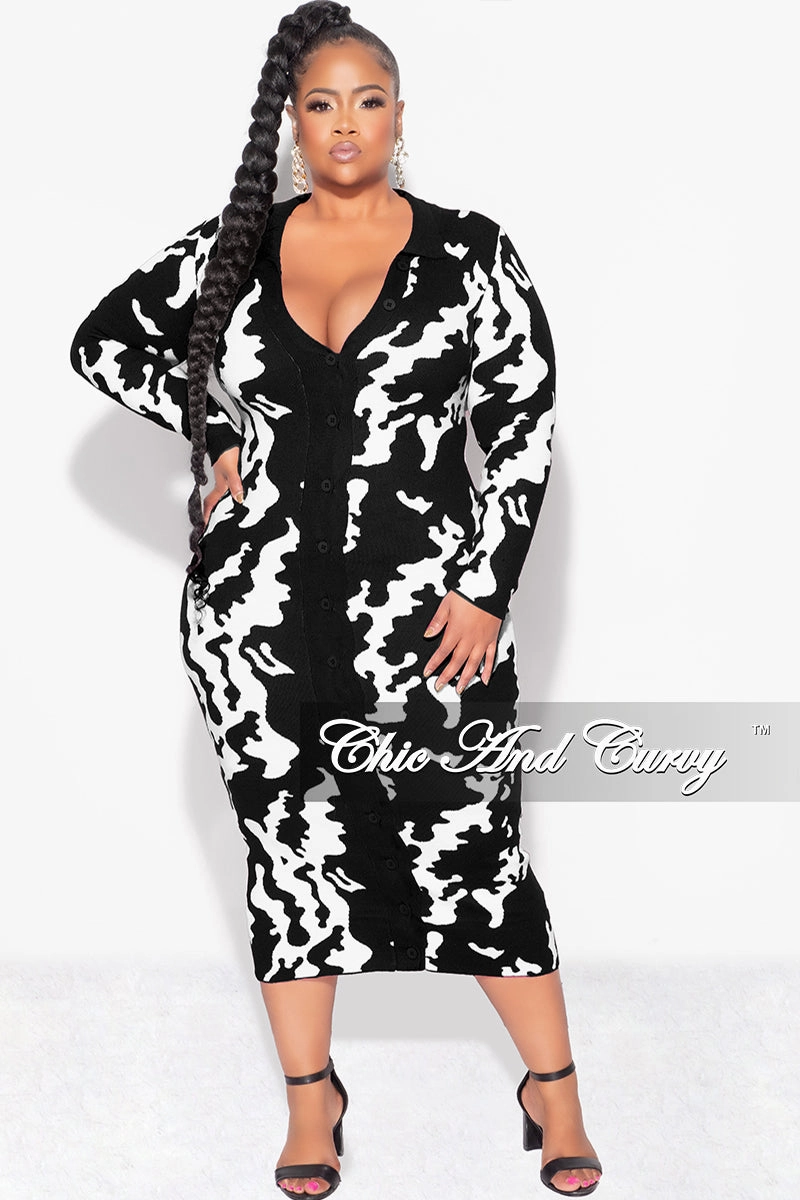 Final Sale Plus Size Button Up Midi Sweater Dress in Black and Off White Design Print Comfort Wearable