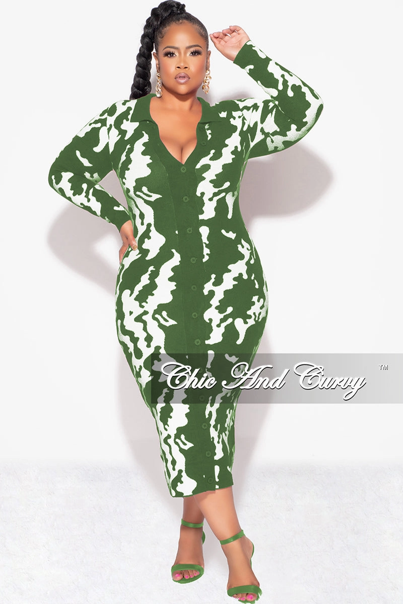 Final Sale Plus Size Button Up Midi Sweater Dress in Olive and Off White Design Print AntiPilling