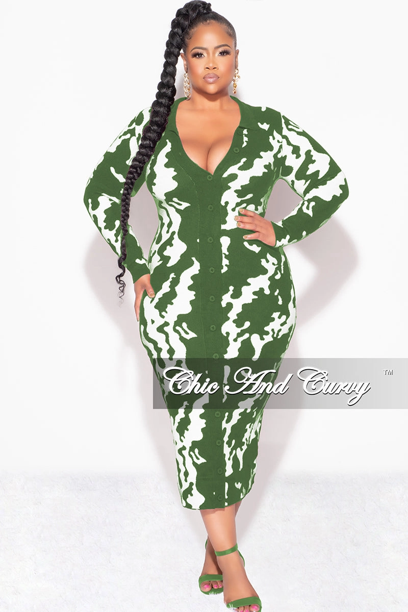 Chilly Layering Final Sale Plus Size Button Up Midi Sweater Dress in Olive and Off White Design Print