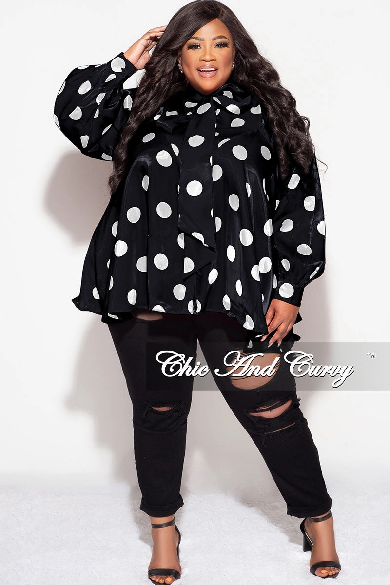 Final Sale Plus Size Button Up Oversized Neck Tie Top in Black and White Polka Dot Supportive Waistband