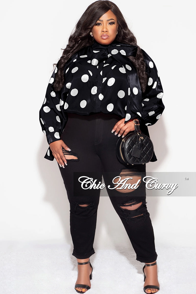 Body Fit Final Sale Plus Size Button Up Oversized Neck Tie Top in Black and White Polka Dot