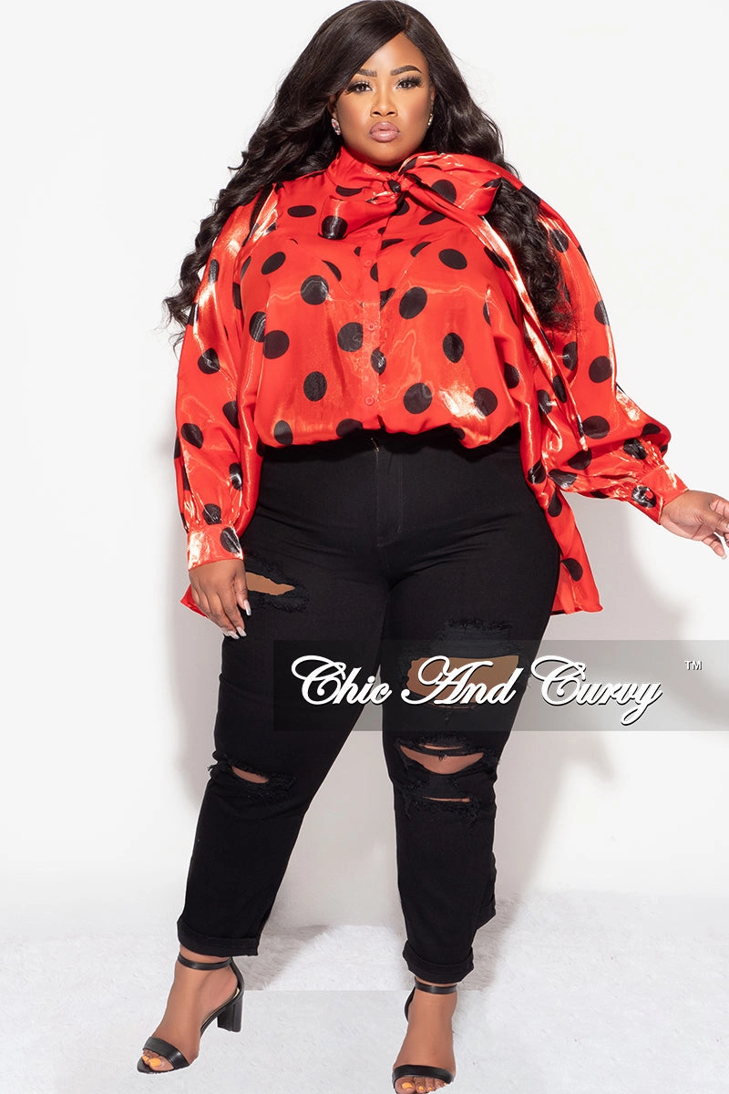 Final Sale Plus Size Button Up Oversized Neck Tie Top in Red and Black Polka Dot Trail Ready