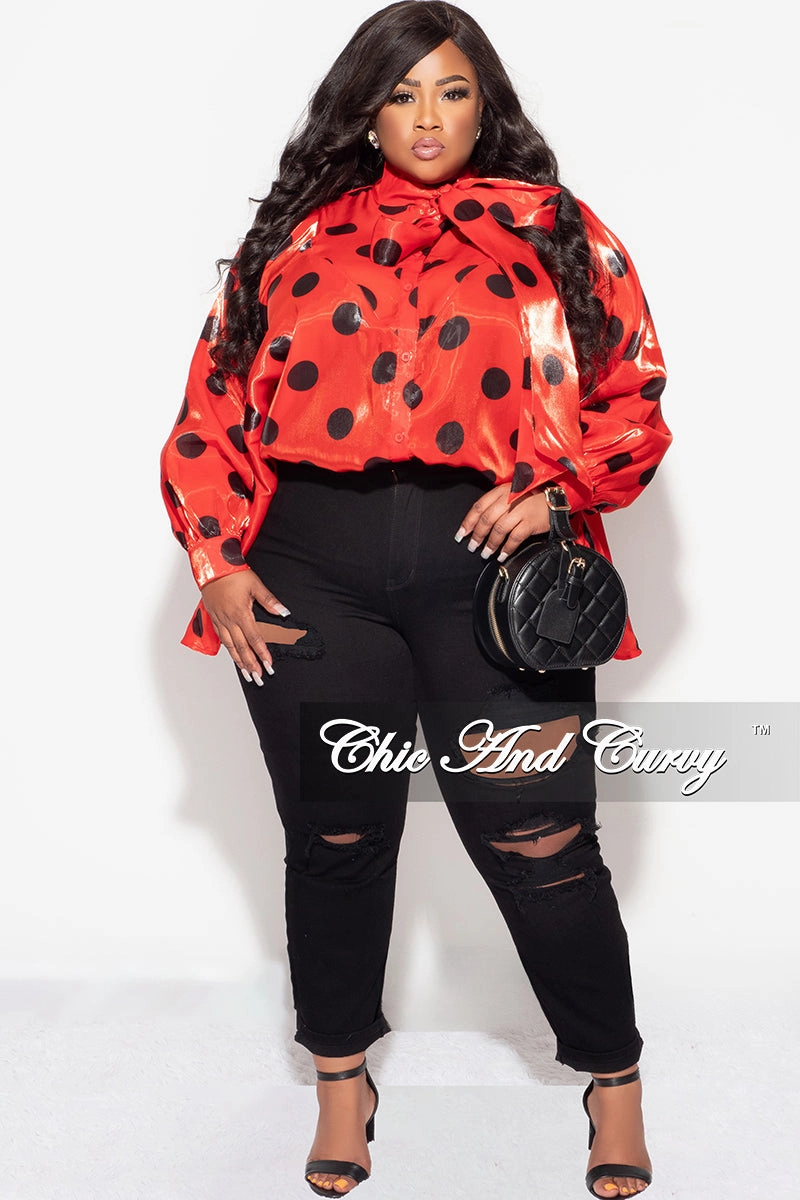 Final Sale Plus Size Button Up Oversized Neck Tie Top in Red and Black Polka Dot Moisture Wicking Fabric