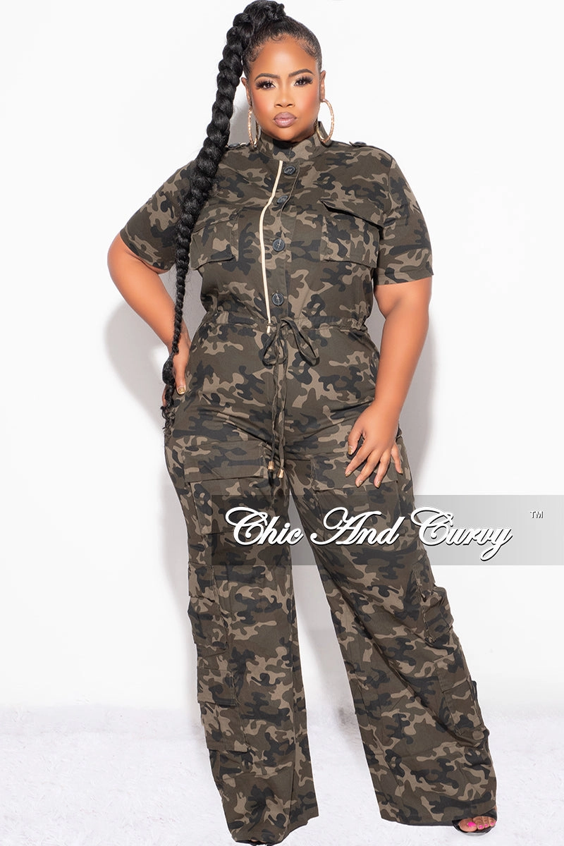 ElasticCuffs Final Sale Plus Size Button Up Short Sleeve Cargo Jumpsuit in Camouflage Print