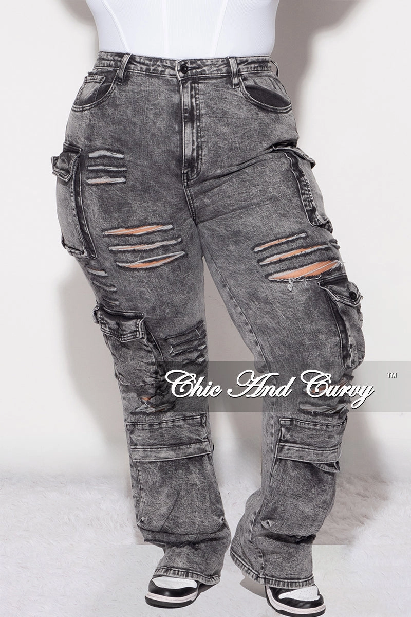 Final Sale Plus Size Cargo Distressed Pants in Black Wash Denim Perfectly Fit Urban Look