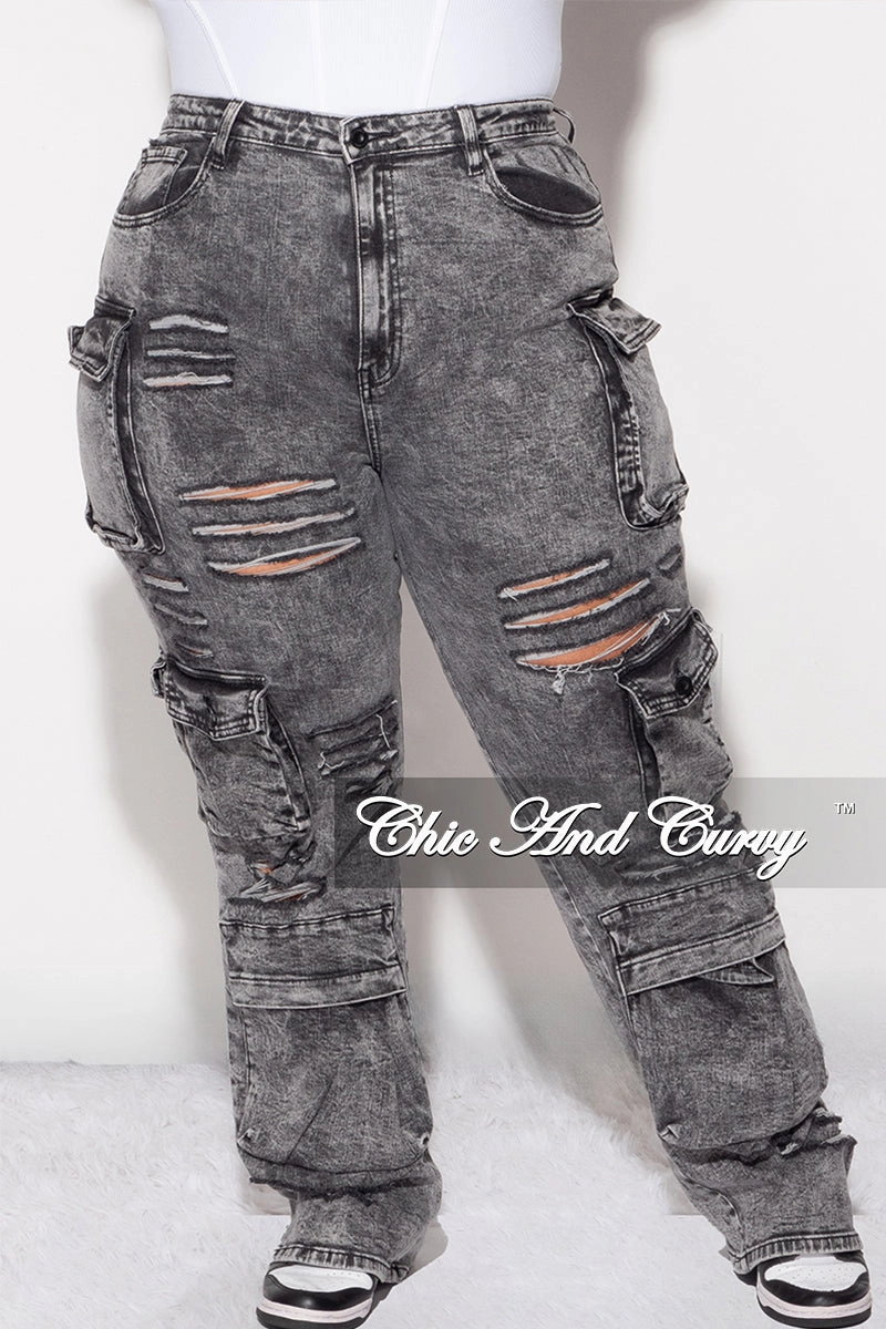 Final Sale Plus Size Cargo Distressed Pants in Black Wash Denim Flexible shape Timeless Appeal