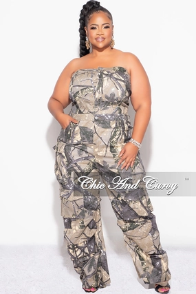 Wrinkle Resistant Tailored Wear Final Sale Plus Size Cargo Jumpsuit in Brown and Grey