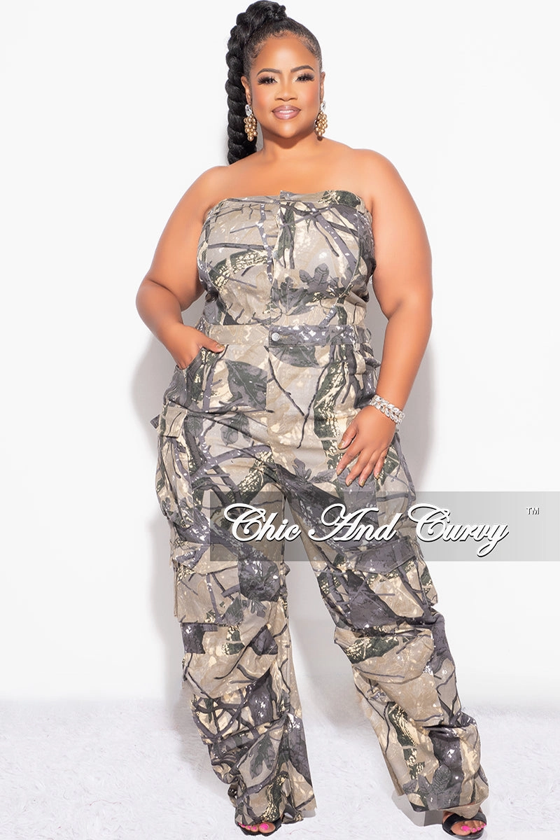 Wrinkle Resistant Tailored Wear Final Sale Plus Size Cargo Jumpsuit in Brown and Grey