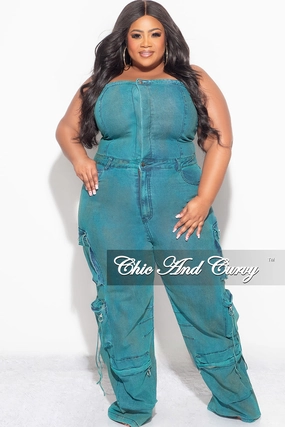 Final Sale Plus Size Cargo Jumpsuit in Washed Teal AntibacterialCoating