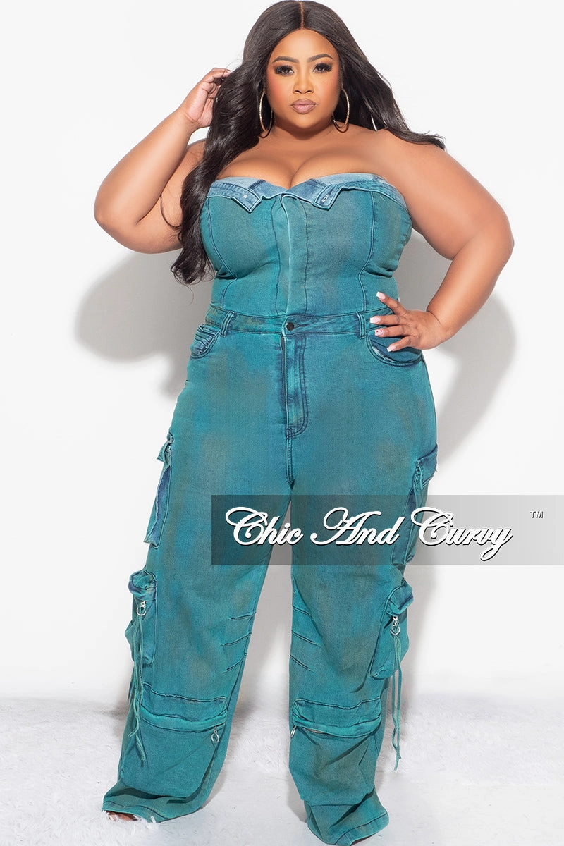 Final Sale Plus Size Cargo Jumpsuit in Washed Teal Cold Weather Wear Relaxed Look
