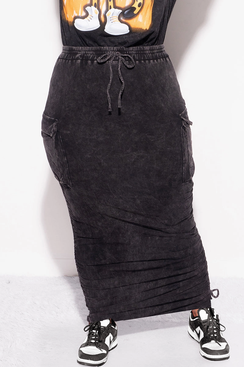 Final Sale Plus Size Cargo Ruched Skirt in Black Mineralized Fabric Clean Lines Perfect Comfort Fit