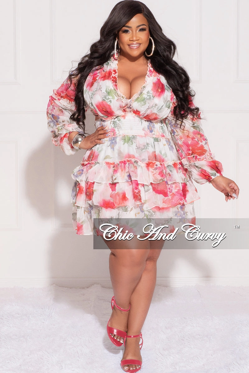 Final Sale Plus Size Chiffon Babydoll Dress in Pink Floral Print with Open Back Convertible legs