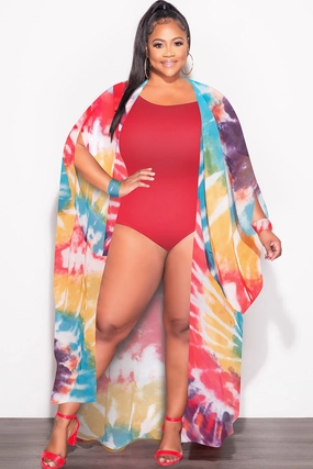 Adaptable Style Final Sale Plus Size Chiffon Duster With Wrist Cuff in Red /Purple Multi Tie Dye