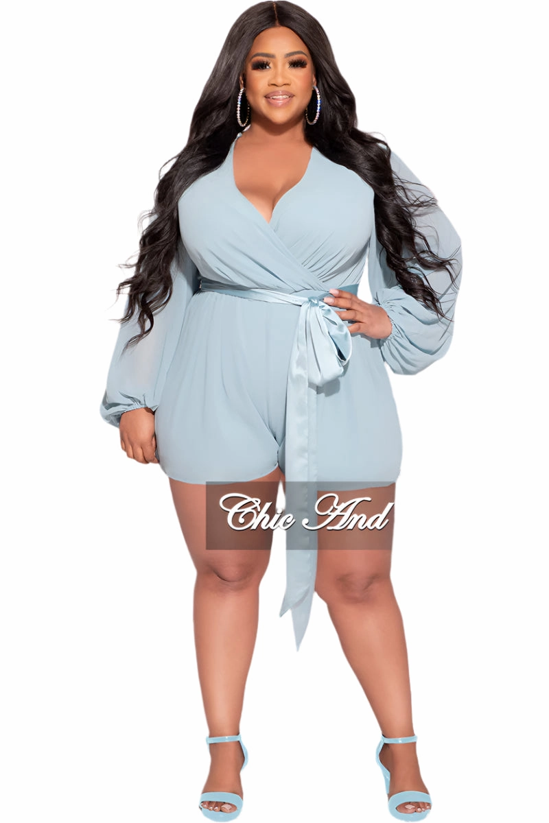 Final Sale Plus Size Chiffon Faux Wrap Bell Sleeve Romper in Light Teal Blue ThermalInsulation CompressionSupport
