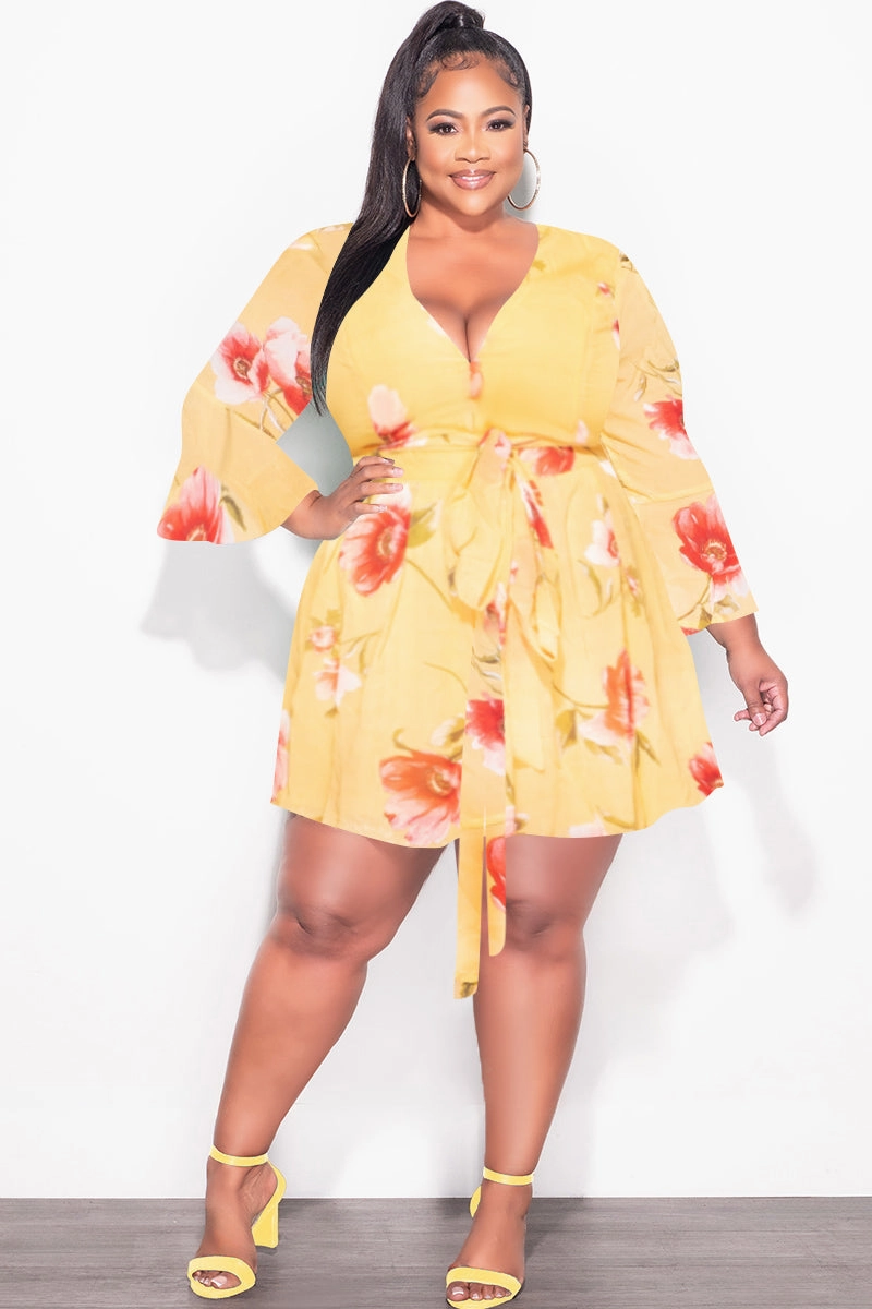 Comfy Fit Final Sale Plus Size Chiffon Faux Wrap Bell Sleeve Romper in Yellow