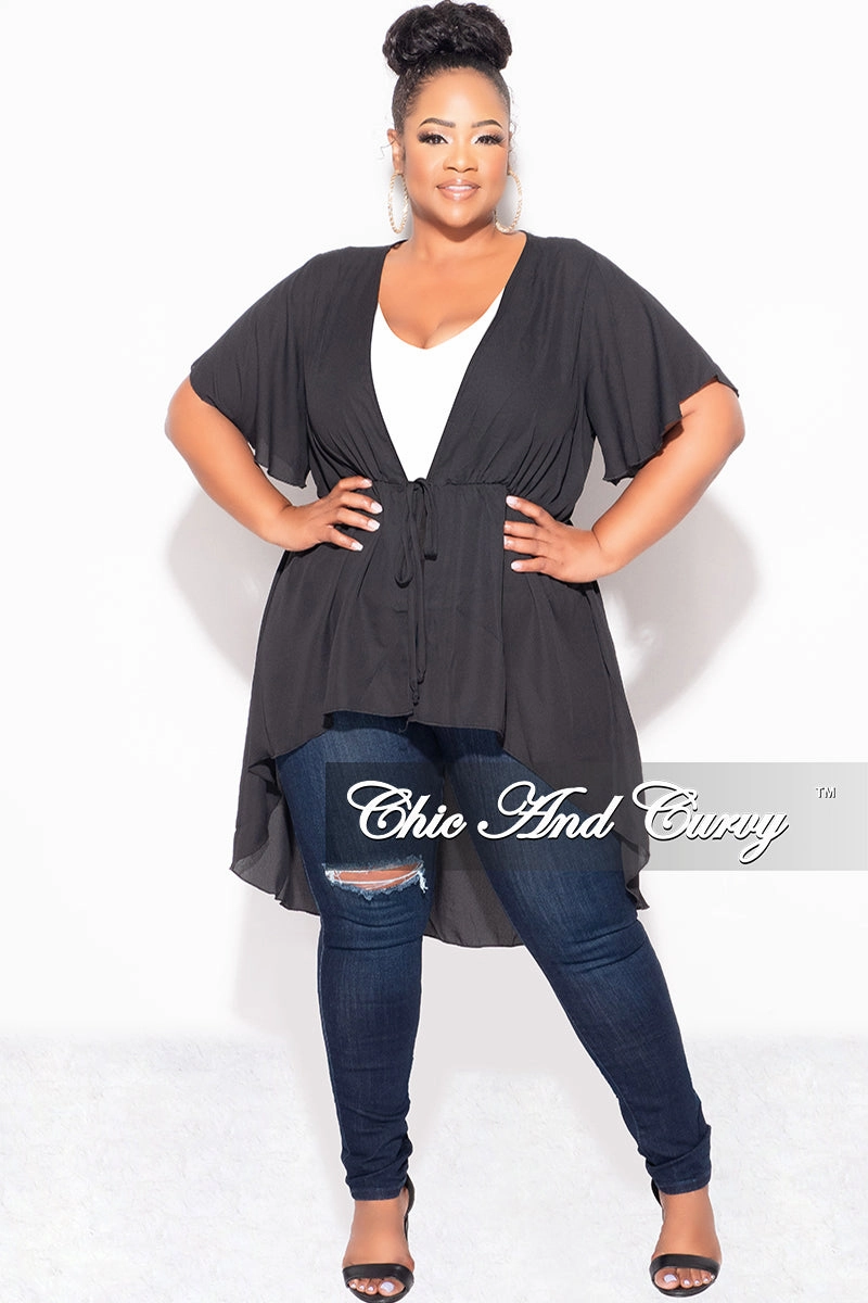 StretchFabric Stay Comfortable Final Sale Plus Size Chiffon High-Low Duster / Dress with Front Drawstring in Black