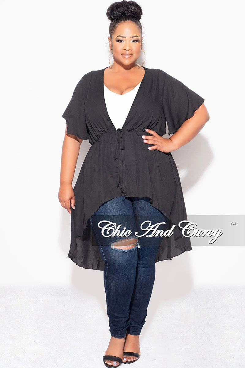 Breathable Stretch Heat Friendly Final Sale Plus Size Chiffon High-Low Duster / Dress with Front Drawstring in Black