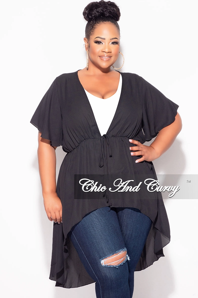 Chilly Wear Final Sale Plus Size Chiffon High-Low Duster / Dress with Front Drawstring in Black