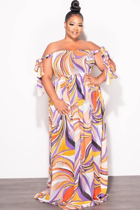 Final Sale Plus Size Chiffon Maxi Dress with Self Tie Shoulder Straps in Purple Multi Color Print Wardrobe Essential Cozy Lining