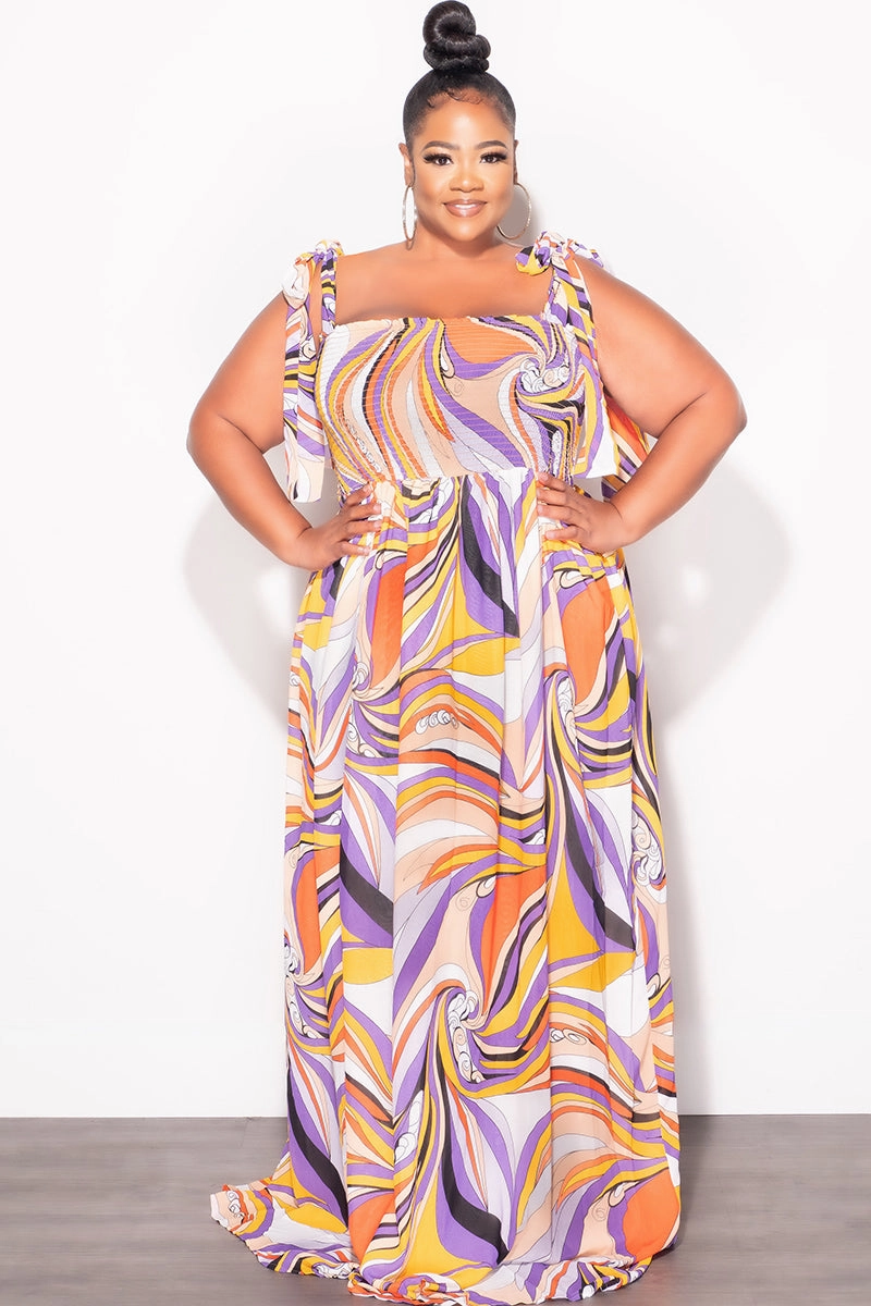 FlexibleKnees Daily Motion Final Sale Plus Size Chiffon Maxi Dress with Self Tie Shoulder Straps in Purple Multi Color Print
