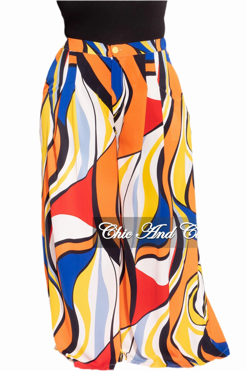 Chill Mode tech fabric Final Sale Plus Size Chiffon Pants in Royal Blue Multi-Color Print